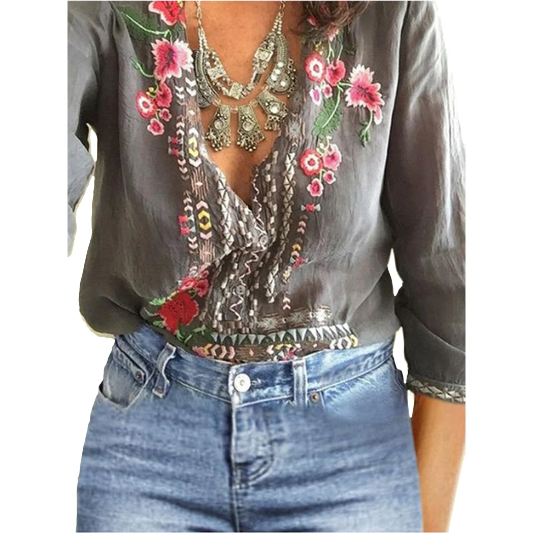 Женские кружевные блузки с v-образным вырезом и цветочным принтом Boho свободные