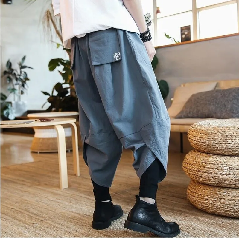 #2523 Spring Red/Black/Blue Vintage Casual Streetwear Harem Pants Men Cotton Linen Trousers Plus Size Fake Two Piece Embroidery | Мужская