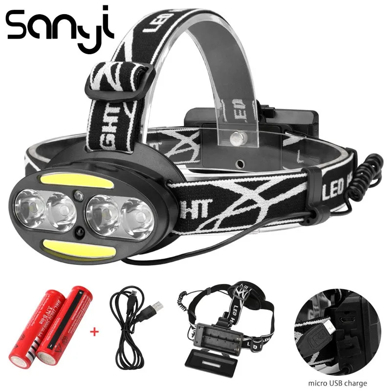 SANYI 4 * T6 + 2 COB красный светодиодный фонарик супер яркий лоб USB перезаряжаемая фара
