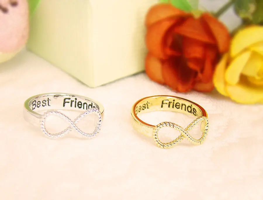 Женское кольцо с бантиком золотистое в стиле панк буквами BFF и надписью Best Friend