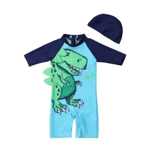 

2019 Brand Baby Kid Boy Dinosaur Sun Protective Swimwear Rash Guard Swimsuit+Hat Costume Size 2-6Y