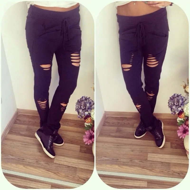 High Waist Skinny Fashion Jeans for Women Hole Ripped Slit Punk Vintage Girls Slim Lace Up Denim Pencil Pants | Женская одежда