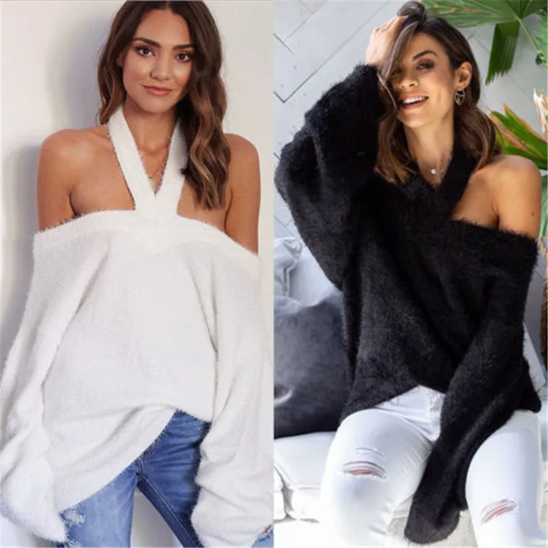 Сексуальный вязаный свитер с открытыми плечами женские осенние свободные