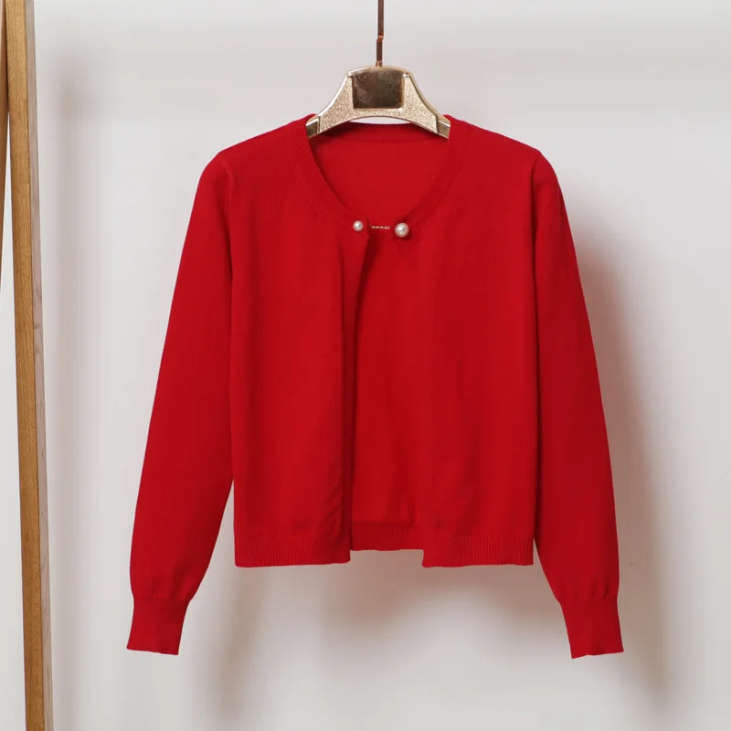 Queechalle Short Knitted Cardigan Coat Women 2021 Spring Autumn Fashion Chain Button Long Sleeve Sweater Female Loose Tops |