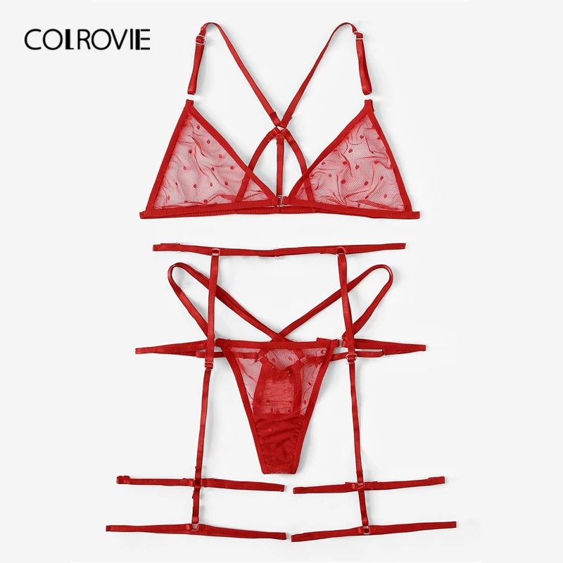 COLROVIE, красный комплект нижнего белья с подвязками, женское нижнее белье,, летний прозрачный сексуальный бюстгальтер и трусики, комплект нижнего белья