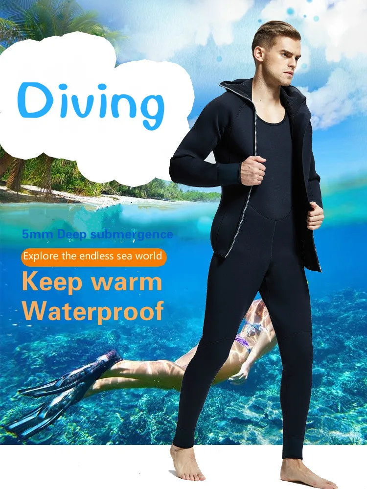

5MM diving suit, two pieces of rubber scuba diving suit waterproof and warm diving suit men