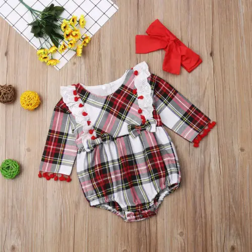 New Infant Baby Girl Long Sleeve Lace Plaid Romper Headband Jumpsuit Outfit Clothes 2 Pcs | Детская одежда и обувь