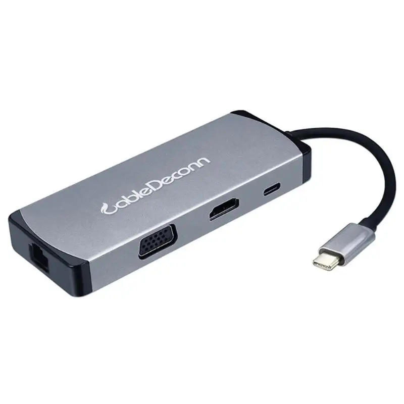 Cabledeconn F0409 USB C концентратор Тип на HDMI VGA 3 0 RJ45 PD адаптер серый обратная