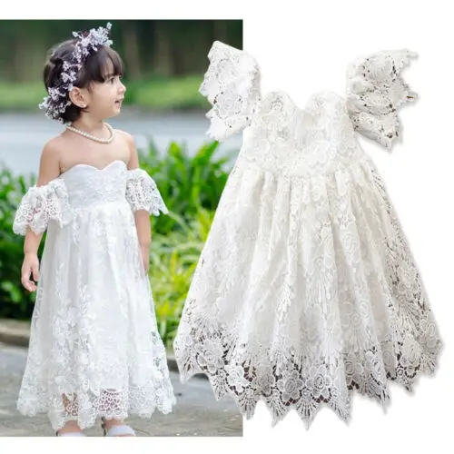 2019 Brand Princess Kids Baby Girls Lace Long Dress New Summer Off Shoulder Flower Pageant Party Bridesmaid Formal | Детская одежда и