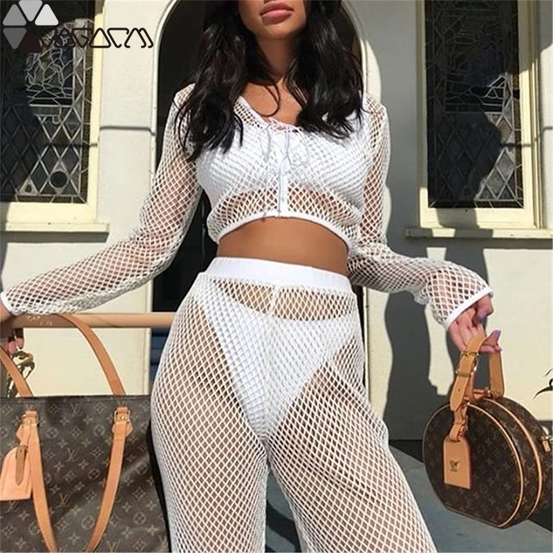 Весенний женский спортивный костюм из 2 предметов сетчатый с капюшоном и пупком