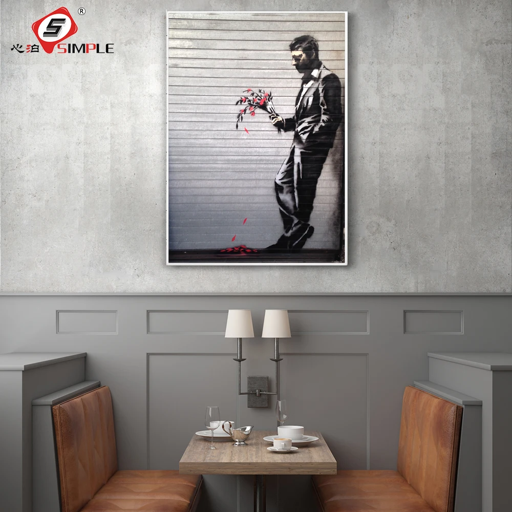 

Simple Banksy Style Sad Man with Flowers Waiting In Vain Painting Street Art Poster and Prints Graffiti Home Decor Unframed
