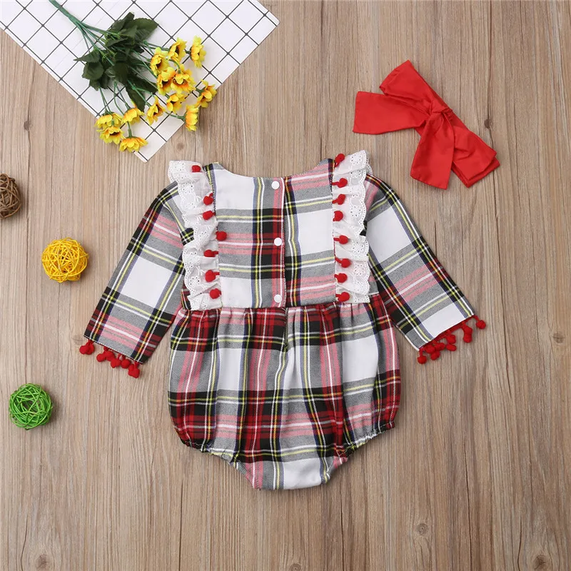 

Brand New Arrivals Long Sleeve Baby Girls Plaid Lace Bodysuit Jumpsuit Outfits Clothes 2Pcs Casual O-neck Soft Clothing 0-24M