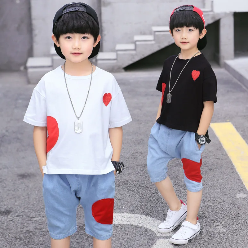 children casual patch 2 pcs set age for 3 - 12 yrs baby boys summer clothes t-shirt+short-pants simple school outfits 2019 | Детская