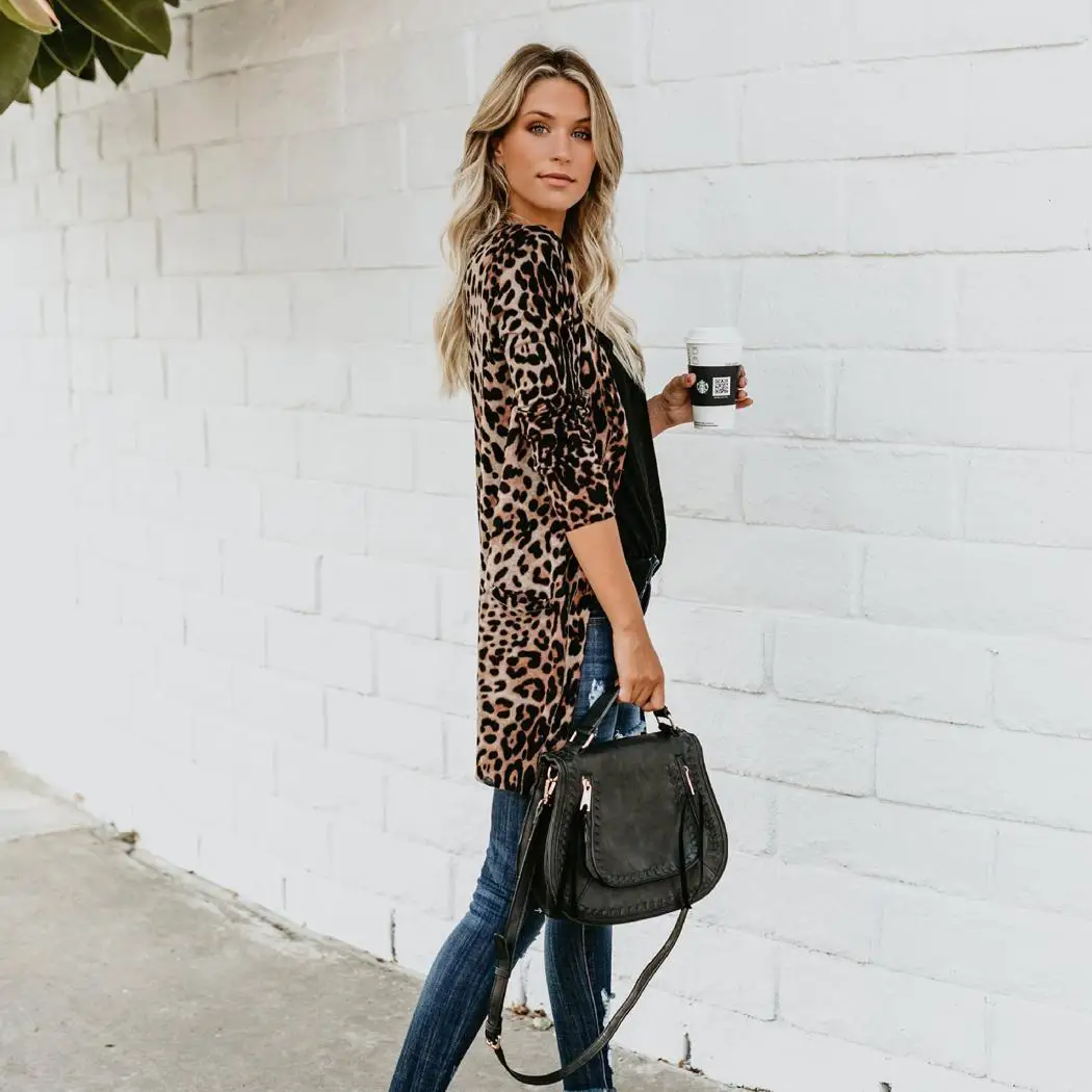Women Casual Long Sleeve Leopard Print Button Open Front Cardigan Street Outdoor etc Spring Autumn Pocket |