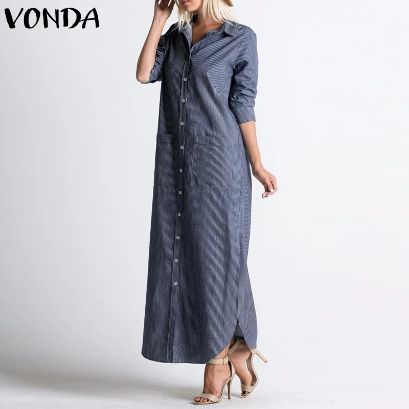 VONDA рубашка платье для женщин 2021 Осень с длинными рукавами и отложным воротником