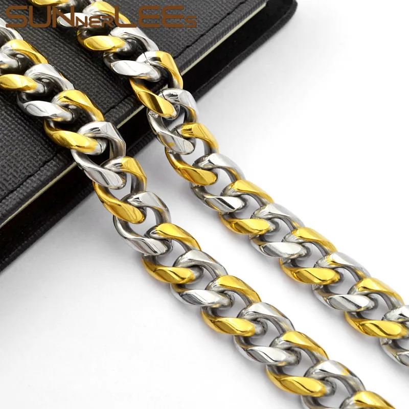 

SUNNERLEES Jewelry 316L Stainless Steel Necklace 13mm Huge Curb Cuban Link Chain Silver Color Gold Plated Men Women SC912 N