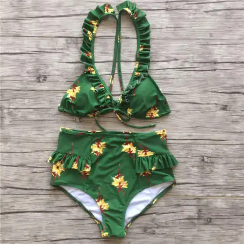 New Style Women Bikini Set Bandage Beachwear Push-up Padded Swimsuit Floral Print Bathing Suit High Waist Green Swimwear 2018 | Спорт и