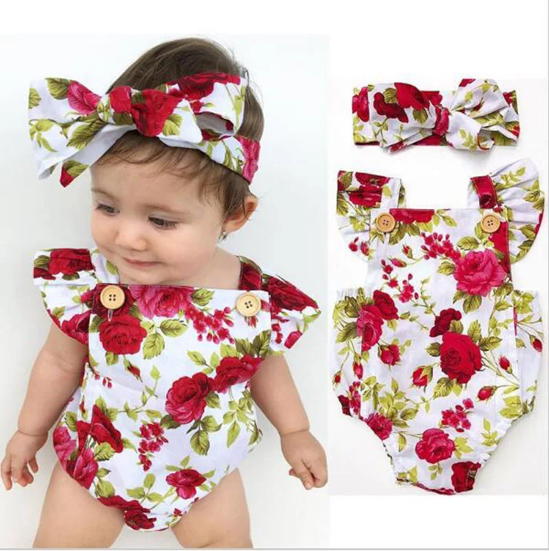 

2019 Cute Floral Romper 2pcs Baby Girls Clothes Jumpsuit Romper+Headband 0-24M Age Ifant Toddler Newborn Outfits Set Hot Sale