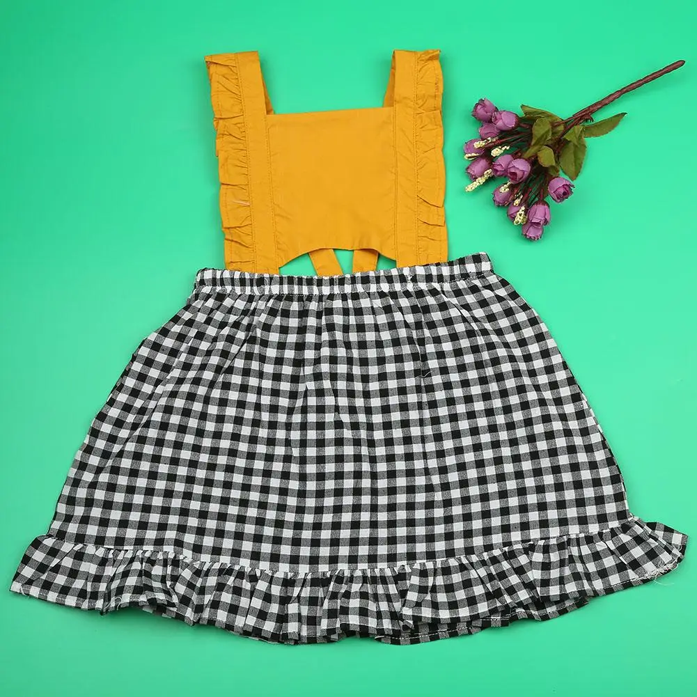 Желтое клетчатое платье принцессы Модное детское без рукавов с бантом для маленьких девочек|Платья| |