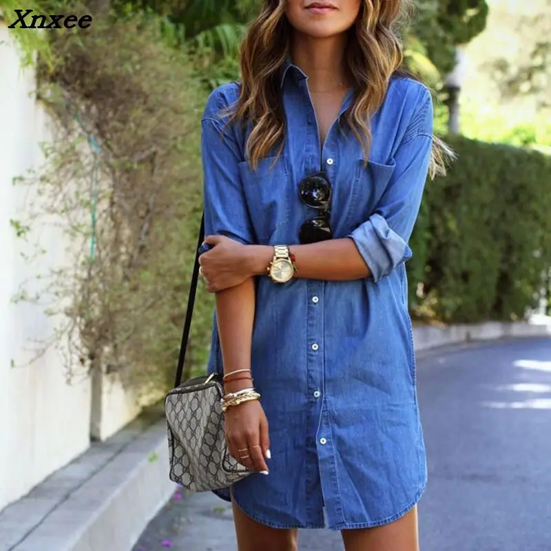 

Women casual denim dress with pockets elegant fashion cowboy summer slim jeans shirt loose dresses Xnxee