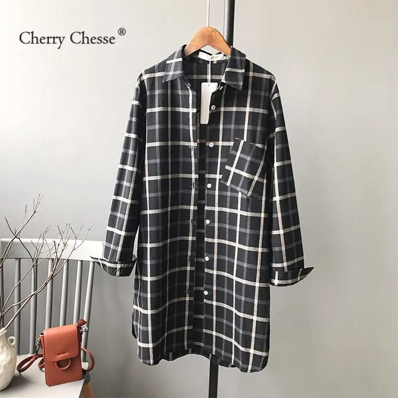 Cherry Chesse Vintage Plaid Women Blouse Button Turn Down Collar Pocket Shirt Female Autumn Spring Tops |