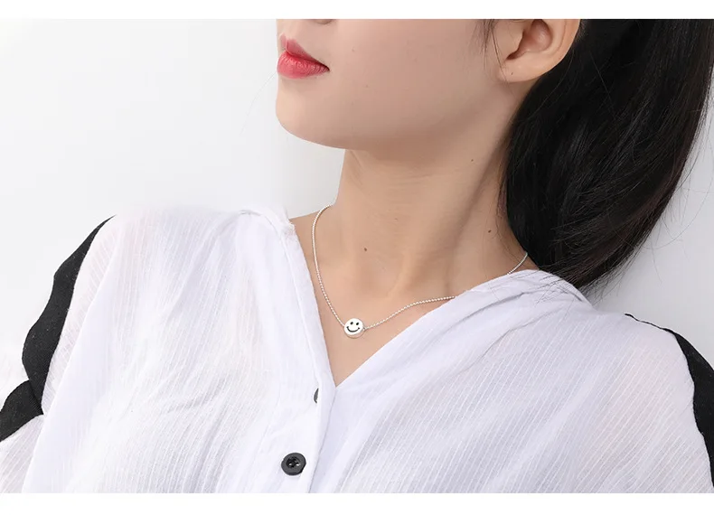 S925 Sterling Silver Necklace Female Cartoon Cute Expression Smiling Face Round Bead Smile Pendant Jewelry Gifts | Украшения и