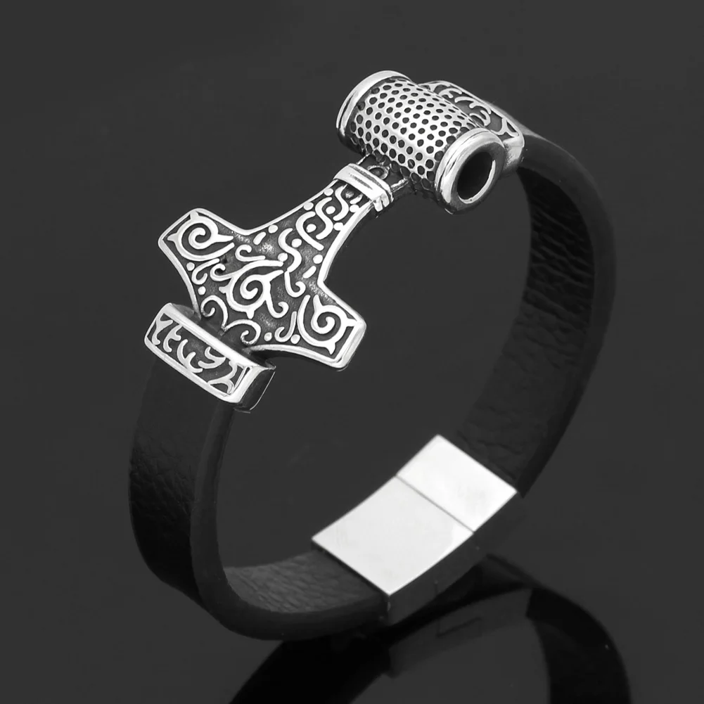 Мужской скандинавский Викинг thor hammer MJOLNIR браслет из натуральной кожи нержавеющей