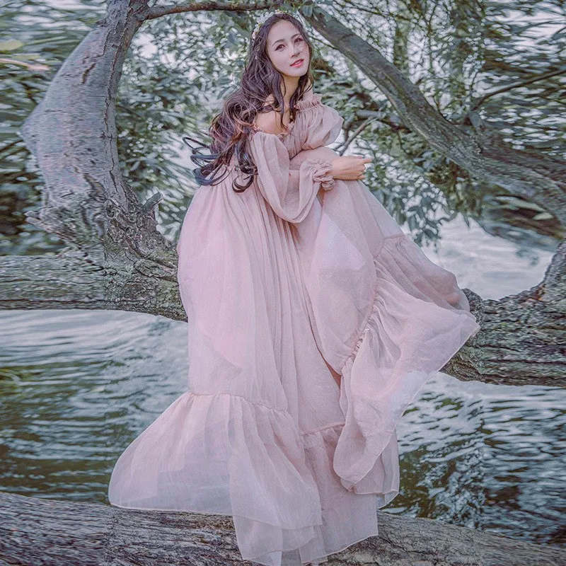 Женское платье с длинным рукавом винтажное пляжное макси оборками и открытыми