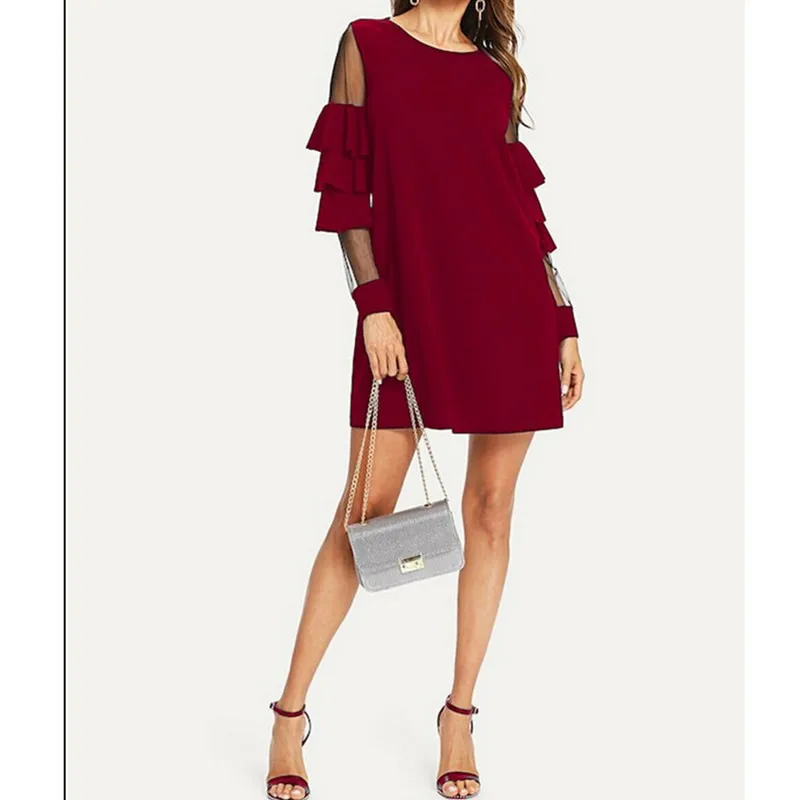 New 2019 Women Mesh Dress Sundress Fashion Long Flare Sleeve Ladies Casual Loose Short Females High Waist Elegant Vestido | Женская