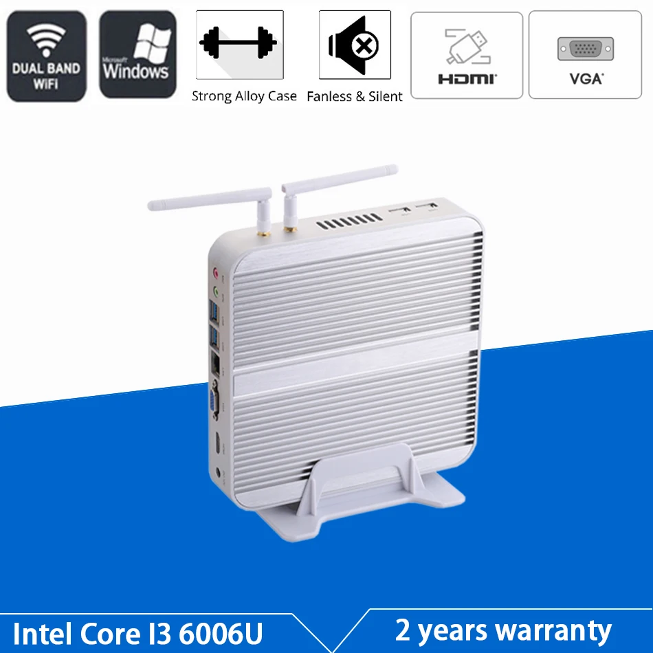 Безвентиляторный мини ПК Intel Core I3 6006U/6100U Windows 10/Ubuntu серебристый [HUNSN BM01L] (WiFi/1HD/1VGA/4USB3.