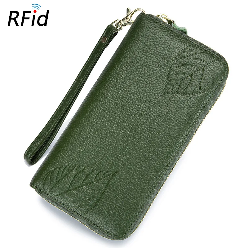 

Удлиненный Женский кошелек из натуральной кожи с рчид, зеленый бумажник для карт 6 дюймов, Женская вместительная сумочка-клатч, кредитница