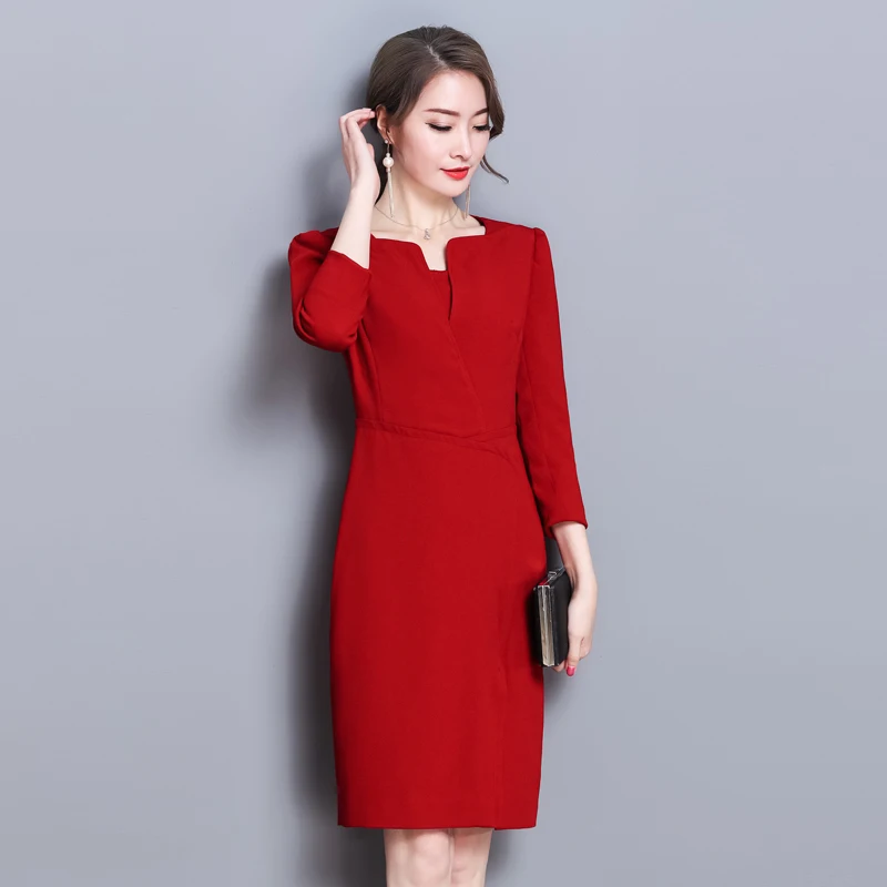 4XL офисное женское платье 2019 Весенние новые женские платья 3/4 рукав v образный