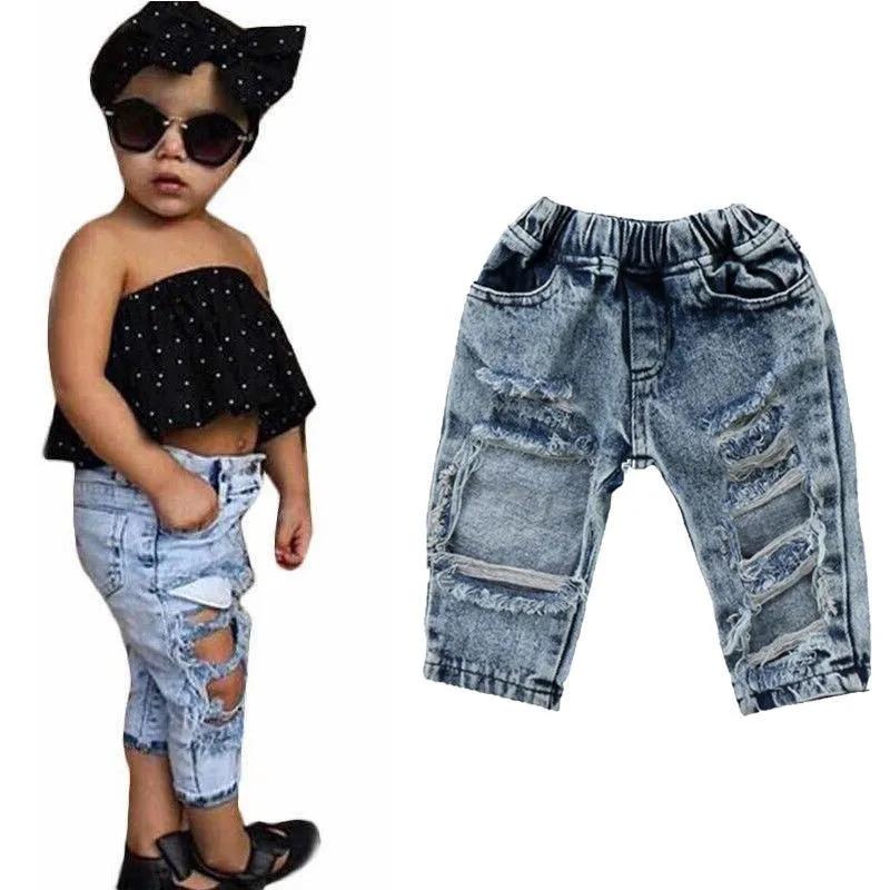 PUDCOCO Baby Kids Girls Jeans Fashion Hole Denim Long Trousers Loose Ripped jeans |