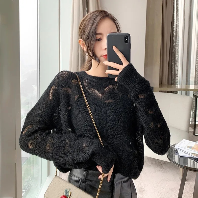 TWOTWINSTYLE Korean Hollow Out Sweater Women O Neck Long Sleeve Perspective Oversized Pullover Tops Spring 2019 Fashion | Женская одежда