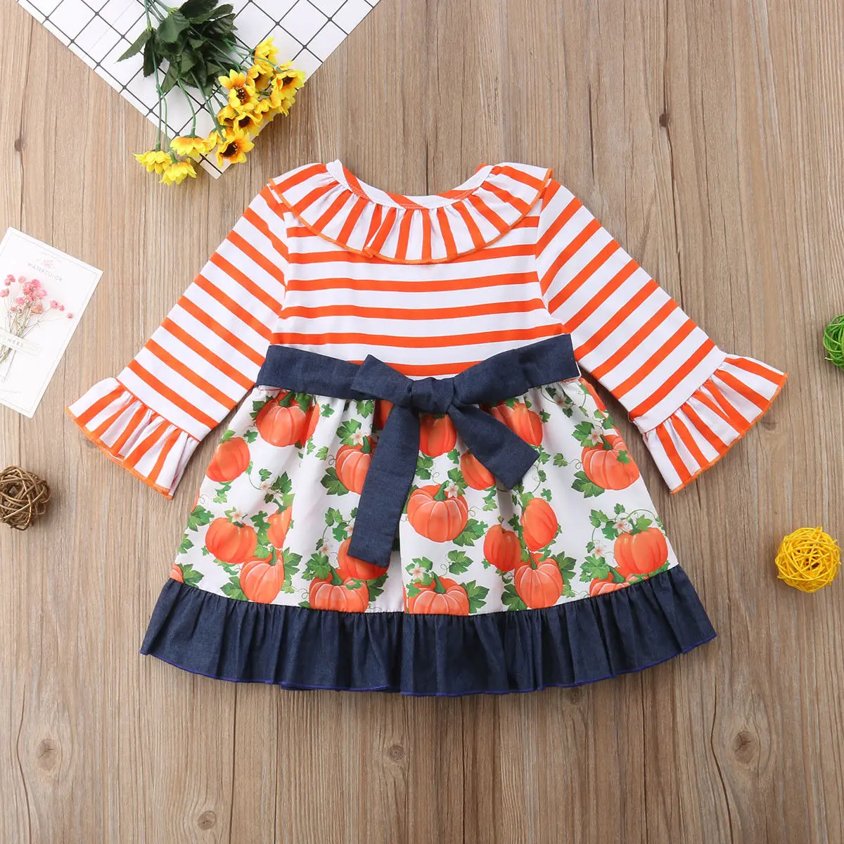 Halloween Kids Girls Pumpkin dress Splicing Dress Baby V collar stripe Dresses 1-5T | Детская одежда и обувь