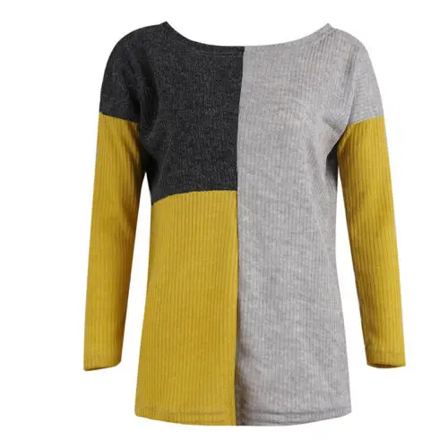Ladies Long Sleeve Soft Knit Sweater Top Women Autumn Round Neck Knitted Ribbed Jumper Patchwork Sweaters | Женская одежда