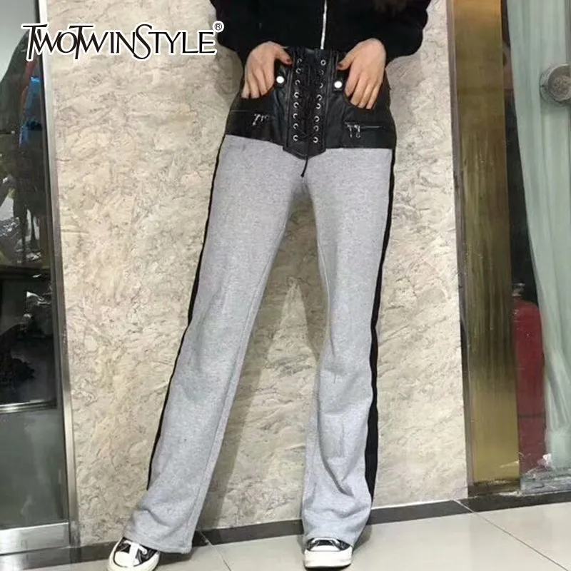 TWOTWINSTYLE лоскутные из искусственной кожи широкие штаны для женщин высокая талия на