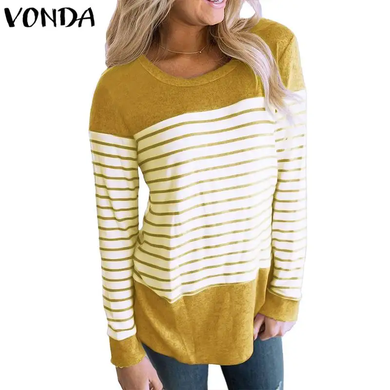 VONDA женские блузки в полоску 2019 осенние Рубашки топы с круглым вырезом и длинными