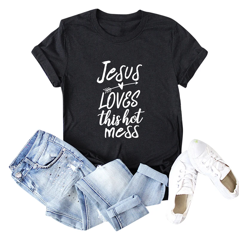 Женская летняя хлопковая Футболка Jesus Loves This Hot беспорядок размера плюс женская