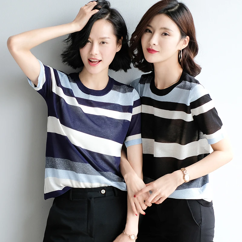 Shiny Lurex summer Sweater Women short Sleeve striped Pullover Basic Sweaters 2019 Korean Style Knit Tops Femme | Женская одежда