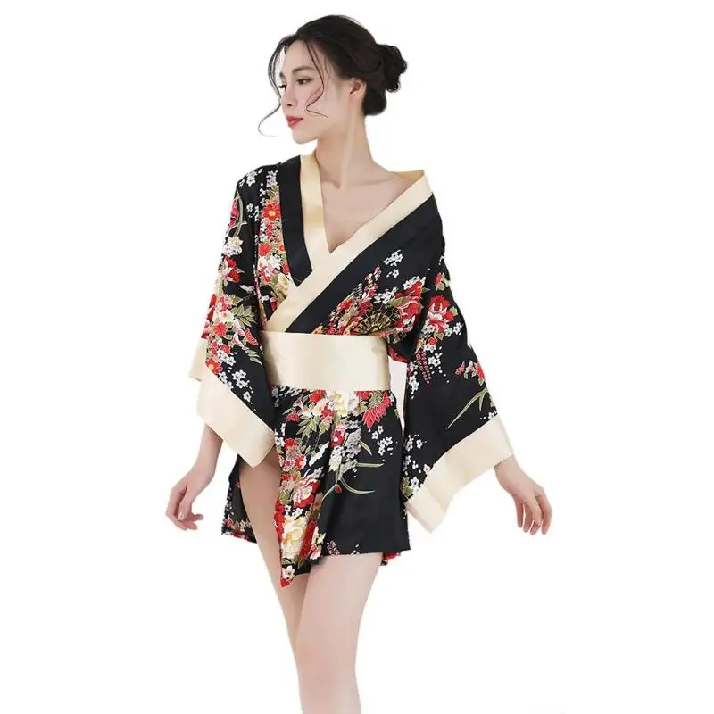 

Sexy Women Satin Floral Printed Kimono Nighties Short Bath Robe Sleepwear