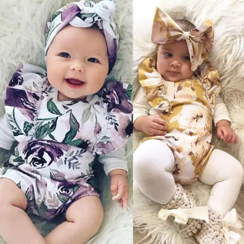 UK Newborn Baby Girls Clothes Floral Print Romper+Headbands Set Kids Girl Outfit |