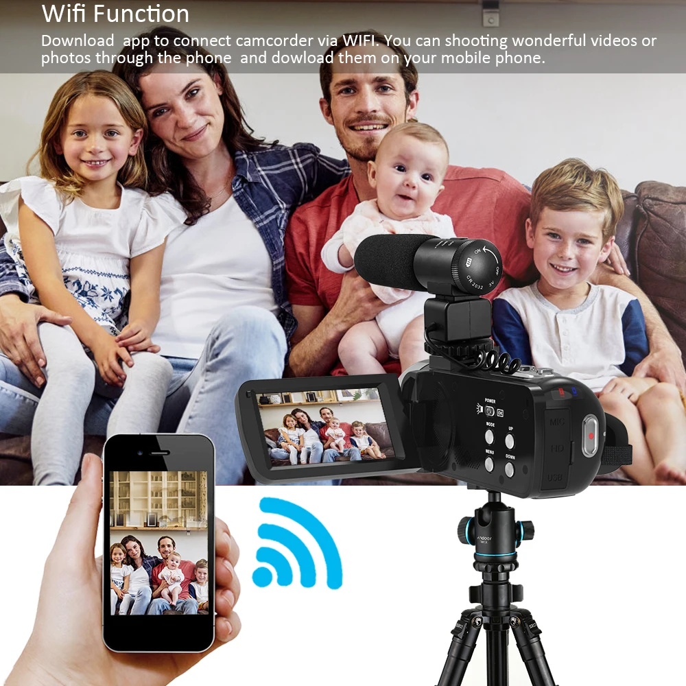 Andoer 1080P HD WiFi цифровая видеокамера + внешний микрофон 16X Zoom 3 0 &quotLCD сенсорный экран IR