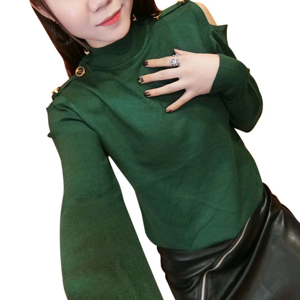 Женский Однотонный свитер с высоким воротом и кнопками весенний Трикотажный