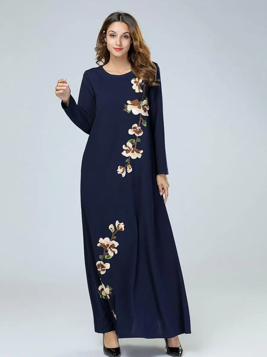 Женское длинное платье с вышивкой Abaya мусульманское макси весеннее длинным