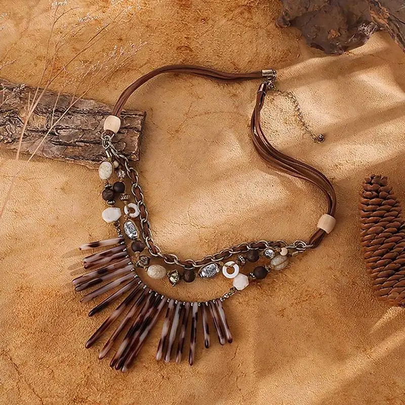Fringed Resin Necklace Short Multi-layer Alloy European And American Style Retro Fashionable Pendant Neck Accessories | Украшения и