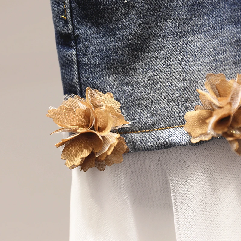 Женская сетчатая джинсовая Лоскутная юбка с цветочной аппликацией