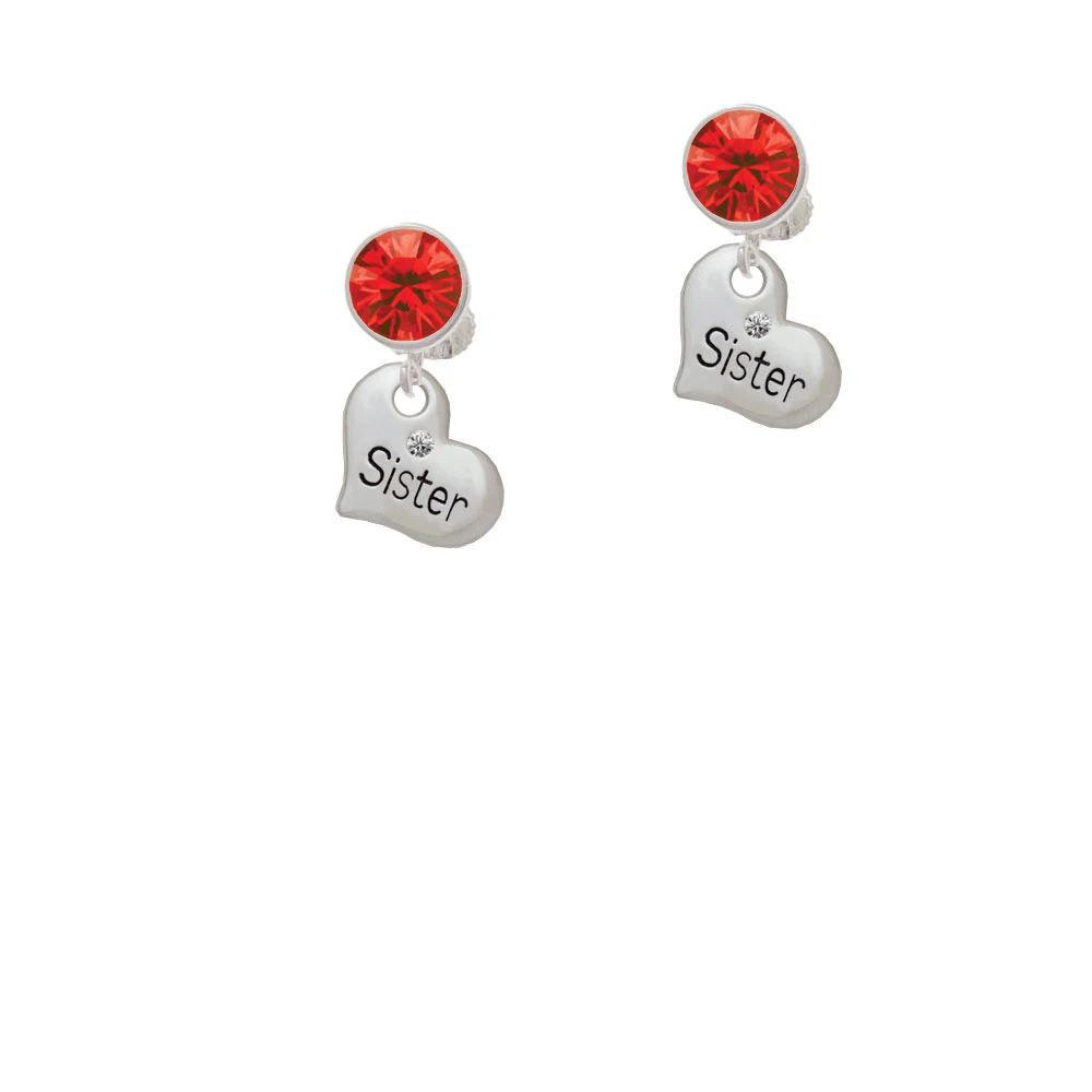 Small ''Sister'' Heart with Clear Crystal Clip On Earrings |