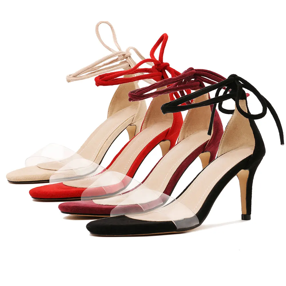 

Sgesvier Women Ankle Strap Sandals Transparent PVC Band Thin High Heels Ladies Summer Lace Up Party Wedding Shoes Woman G417