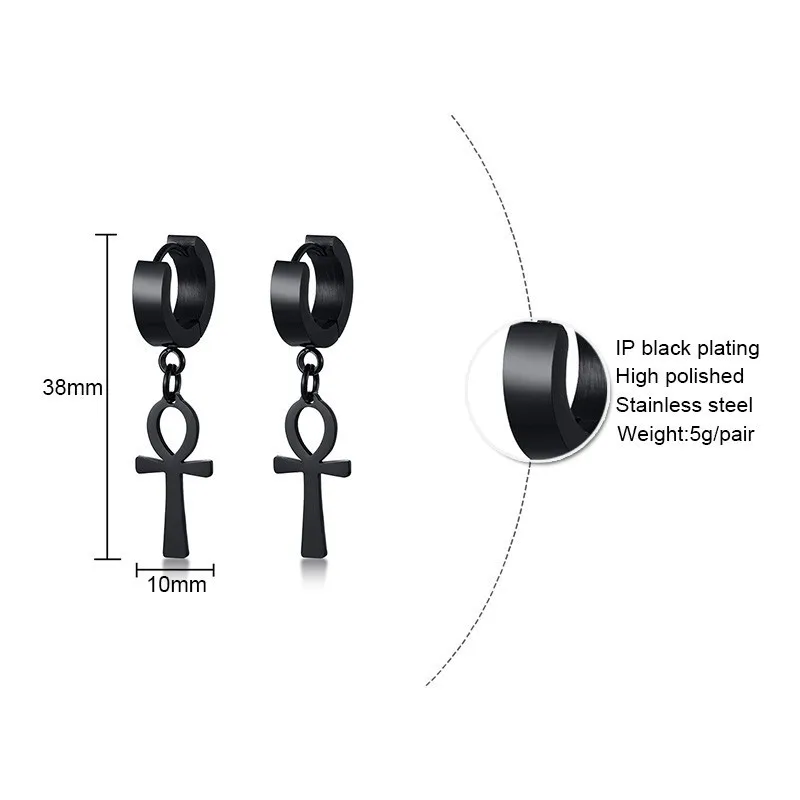 

Vintage Cross Egypt Ankh Earrings for Men Jewelry Black Silver Color and Gold Tone Stainless Steel Egyptian brincos masculinos